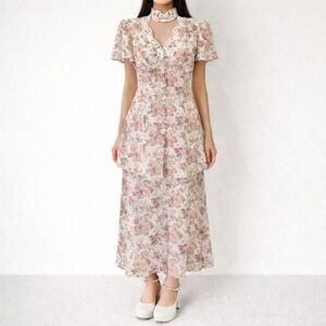 Scott McClintock Floral Maxi Dress Size 4 Lace Trim Cottagecore Pink Vintage 80s